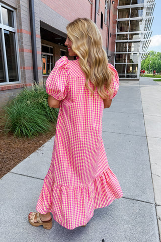 The Meredith Midi Dress in Pink & Yellow Gingham