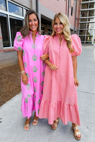 The Meredith Midi Dress in Pink & Yellow Gingham
