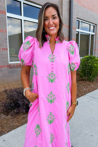 The Meredith Midi Dress in Pink & Green