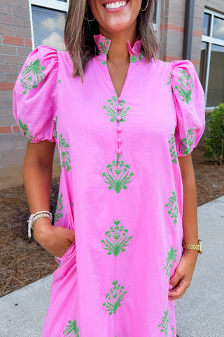 The Meredith Midi Dress in Pink & Green