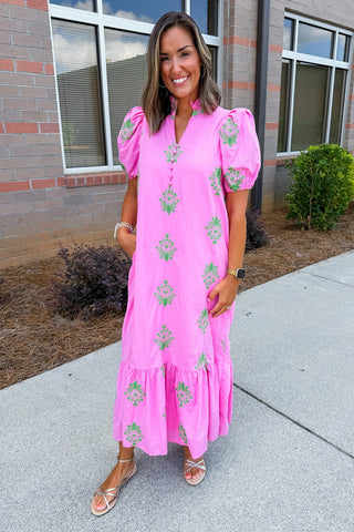 The Meredith Midi Dress in Pink & Green