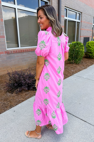The Meredith Midi Dress in Pink & Green