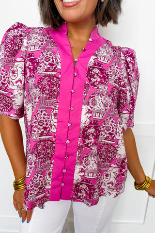 Pink Petal Vase Button Front Top