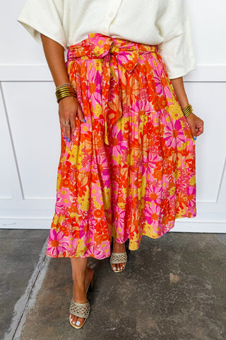 Sunset Dahlia Tiered Midi Skirt
