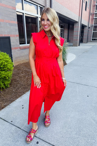 The Krissy Zip-Up Midi Dress in Bold Red