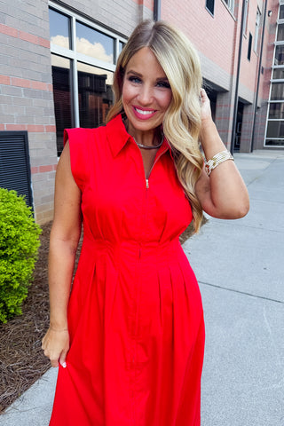 The Krissy Zip-Up Midi Dress in Bold Red