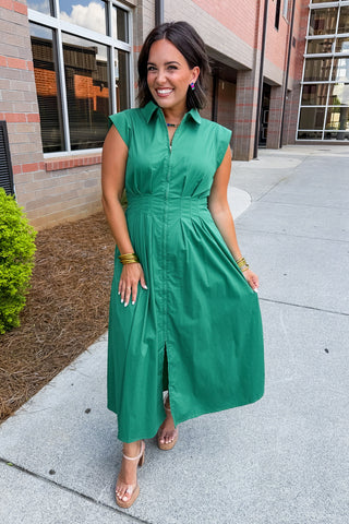 The Krissy Zip-Up Midi Dress in Green Medium