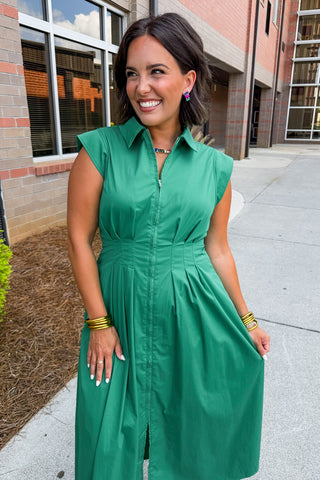 The Krissy Zip-Up Midi Dress in Green