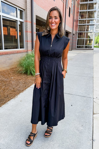 The Krissy Zip-Up Midi Dress in Midnight Black Medium