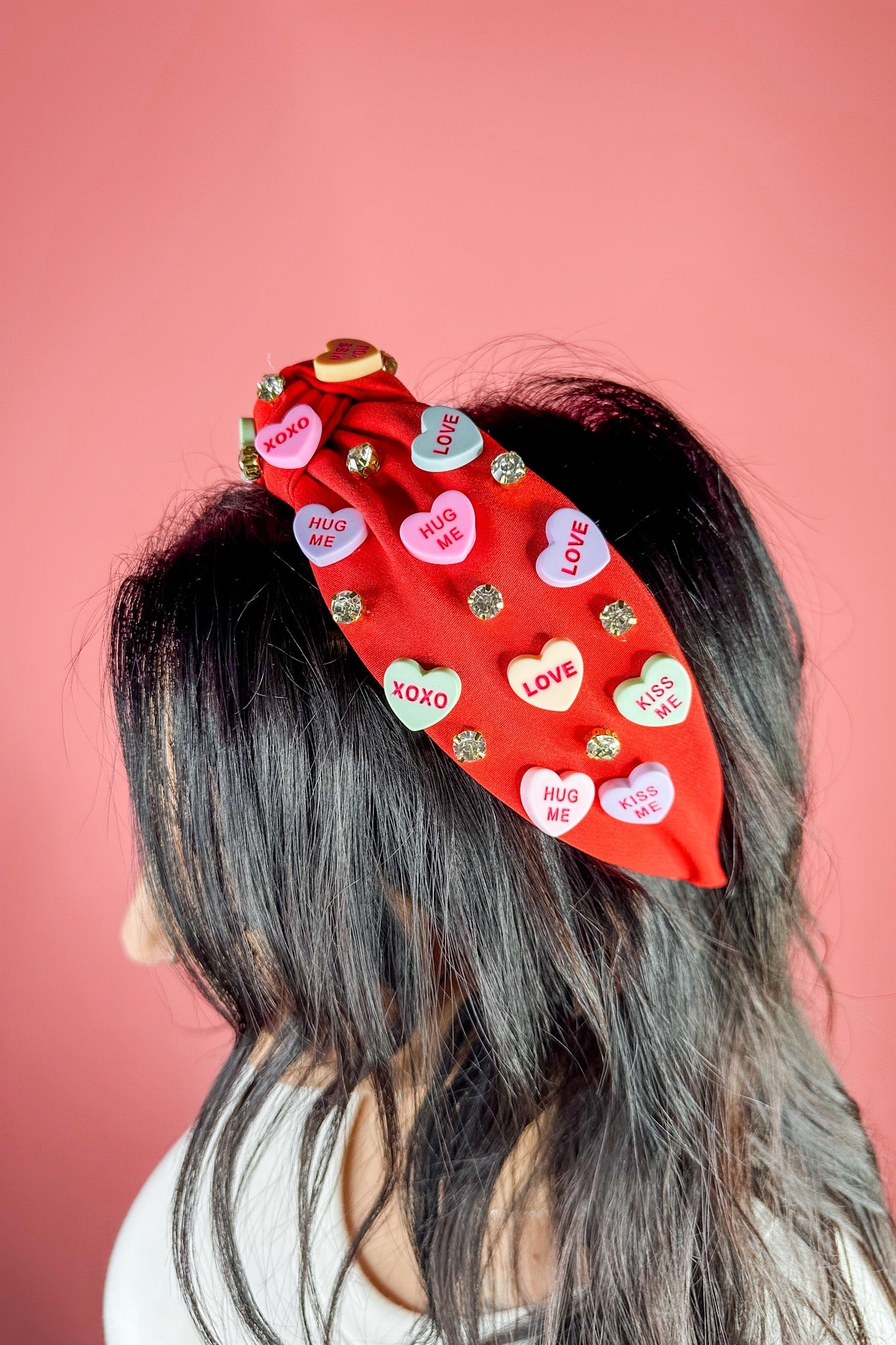 Conversation Heart & Gold Crystal Beaded Headband in Red