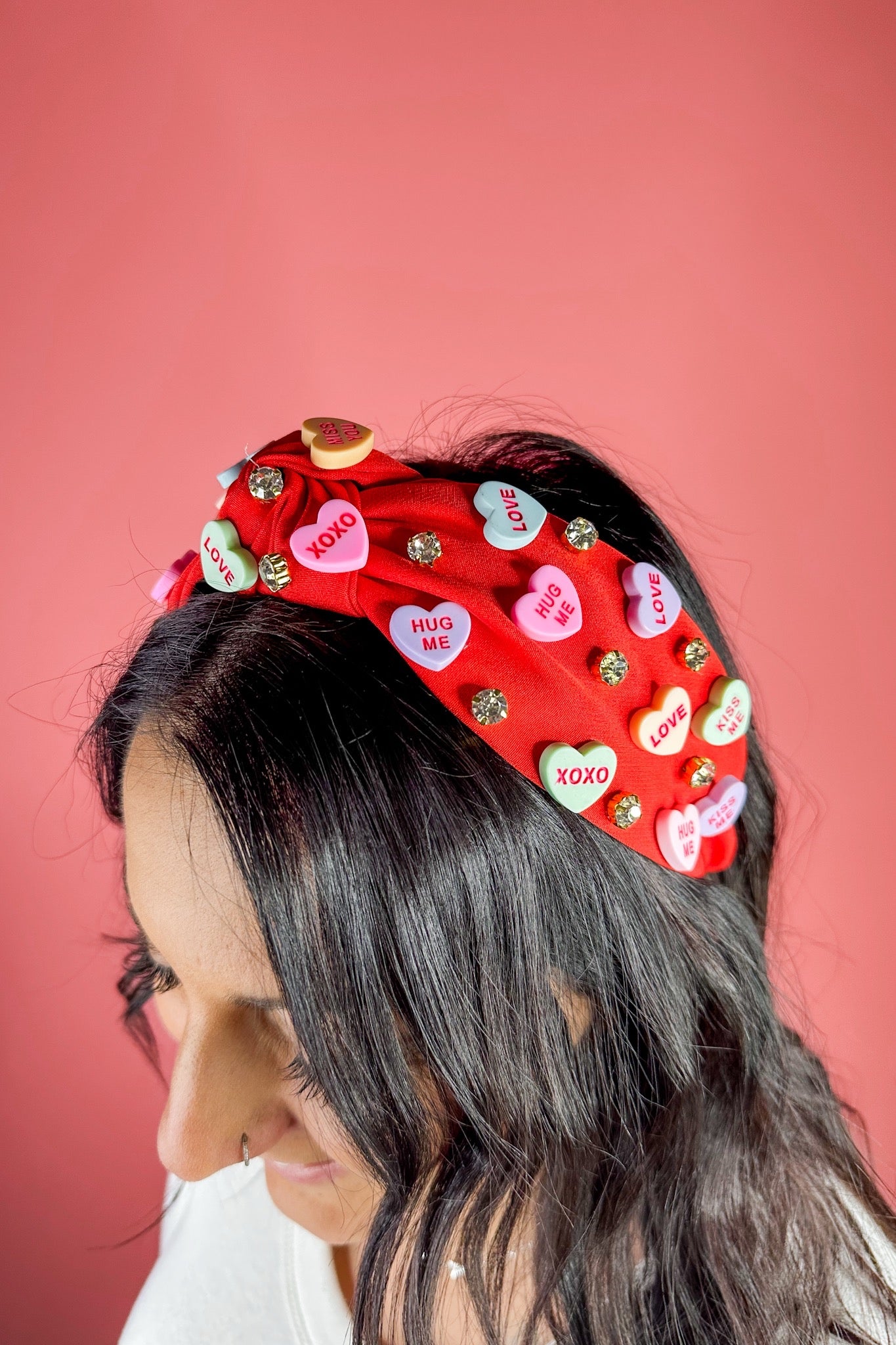 Conversation Heart & Gold Crystal Beaded Headband in Red