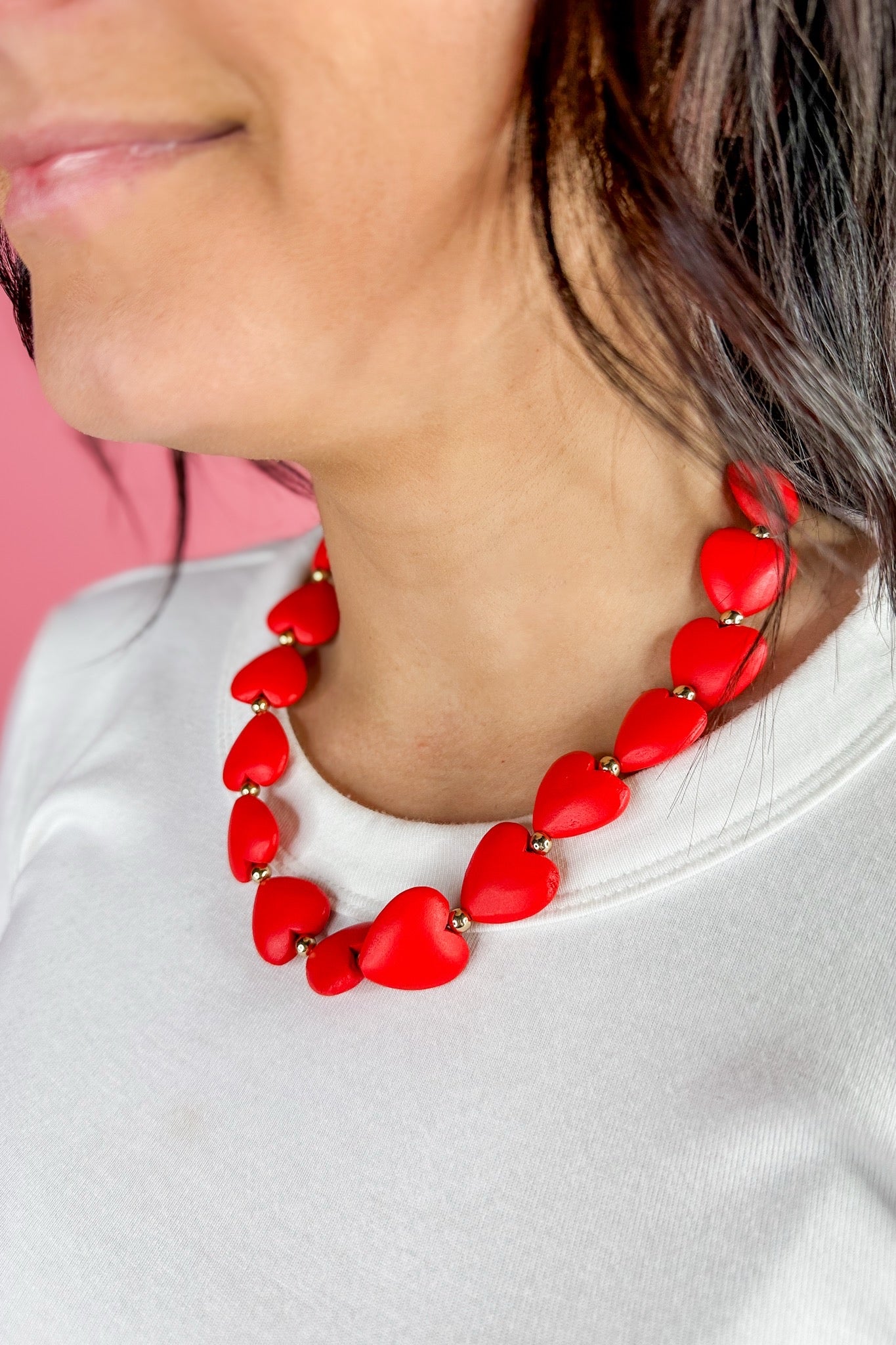 Red Wooden Heart Beaded Necklace