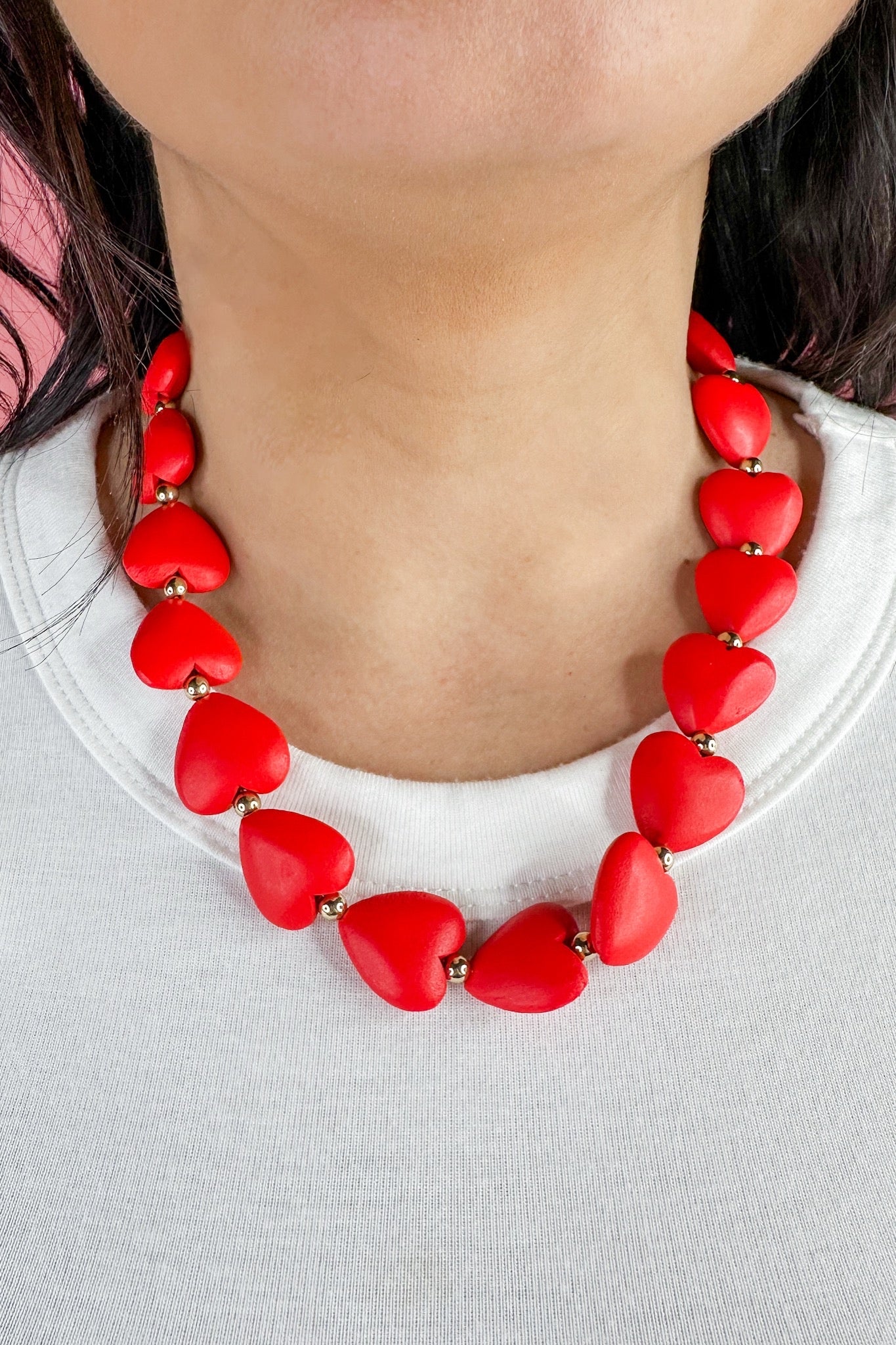 Red Wooden Heart Beaded Necklace