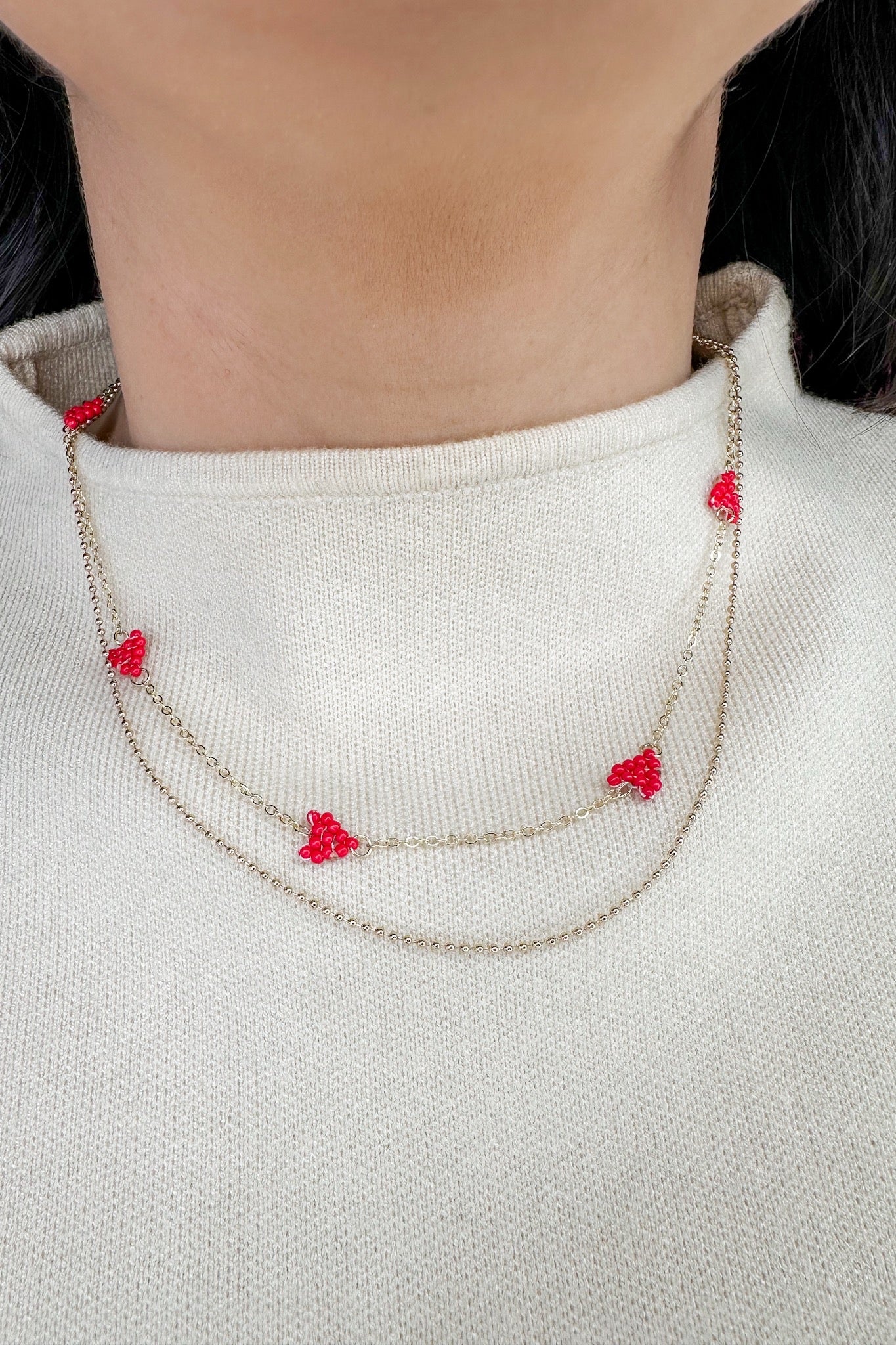 Beaded Red Heart Layered Gold Necklace