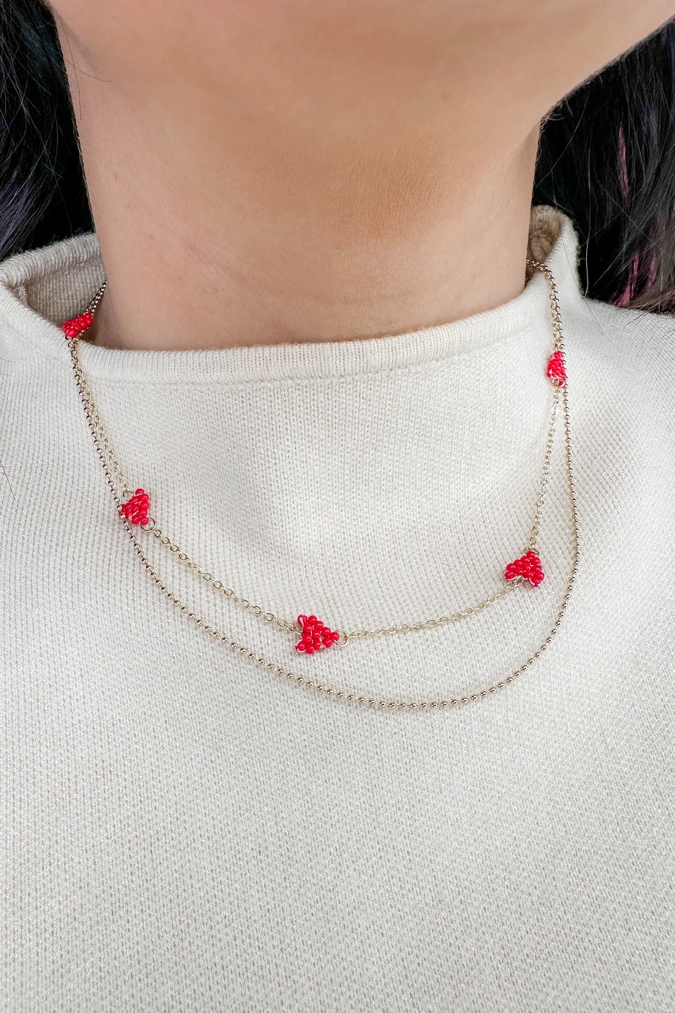 Beaded Red Heart Layered Gold Necklace