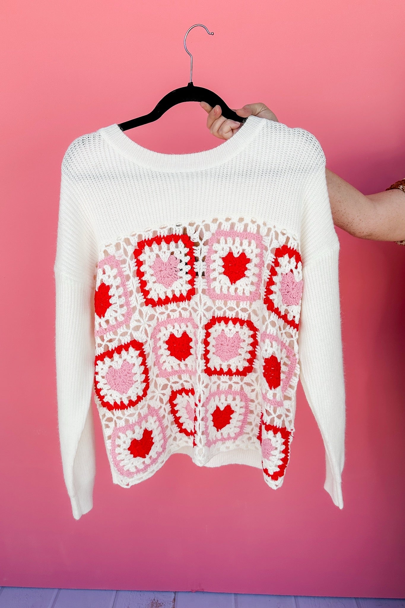 Red/Pink Crochet Heart White Ribbed Sweater