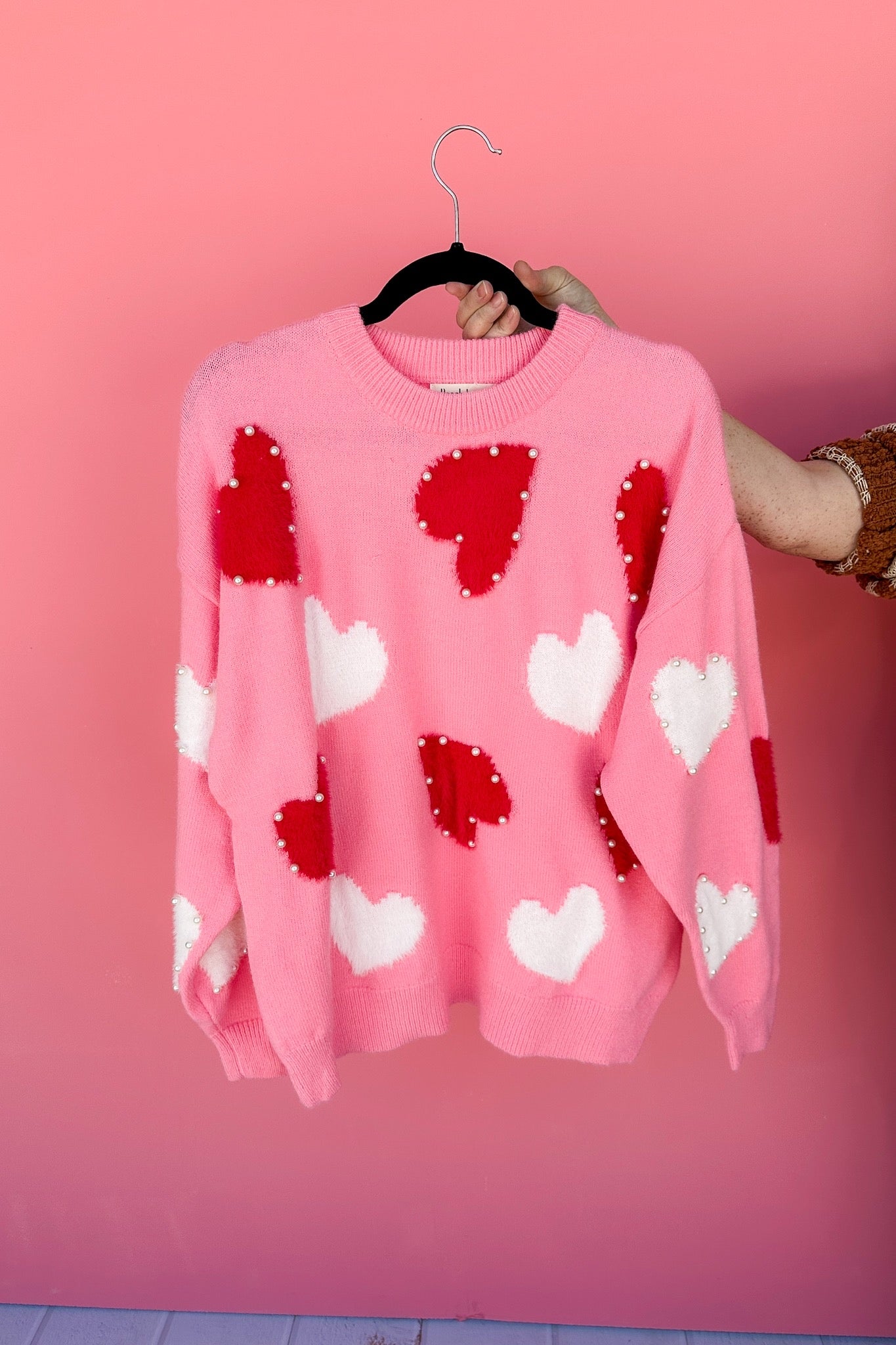 Red/White Eyelash Textured Heart Candy Pink Sweater