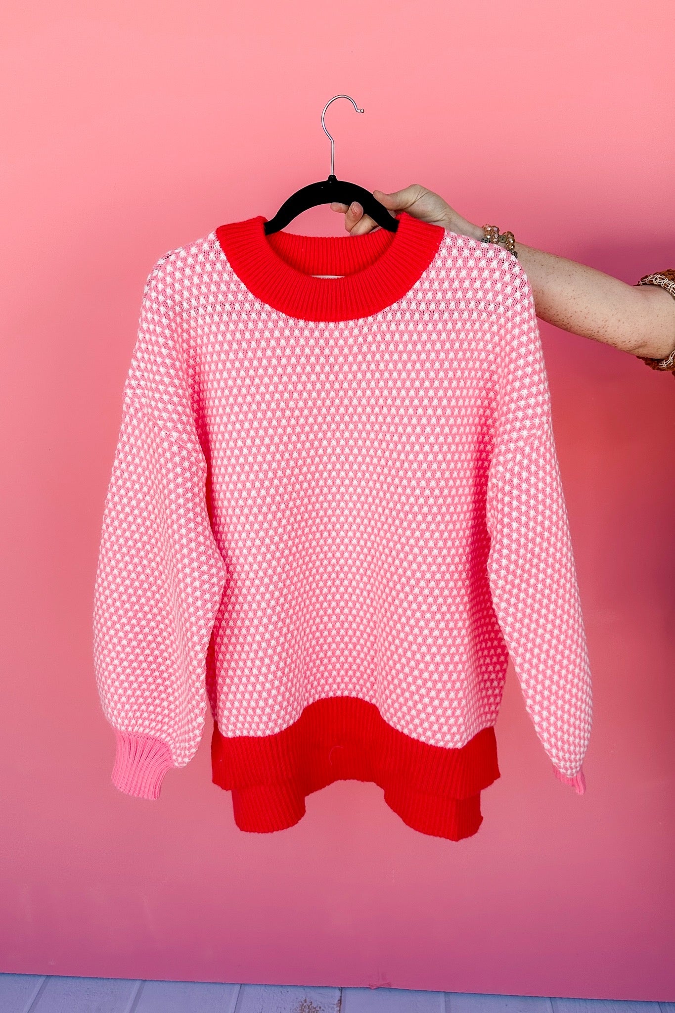 Oversized Red Trim Pink/White Knit Balloon Sleeve Sweater