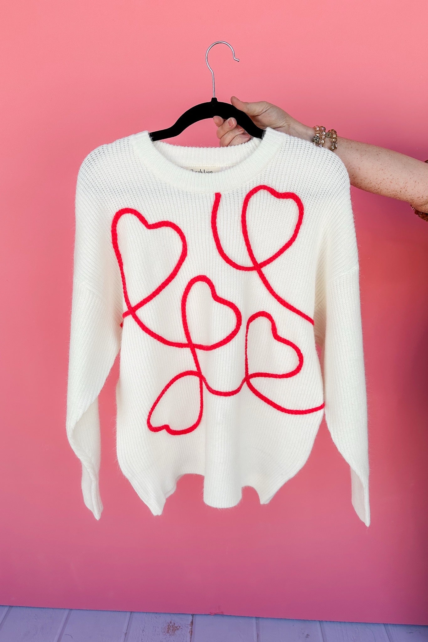 Embroidered Red Heart Ivory Knit Sweater