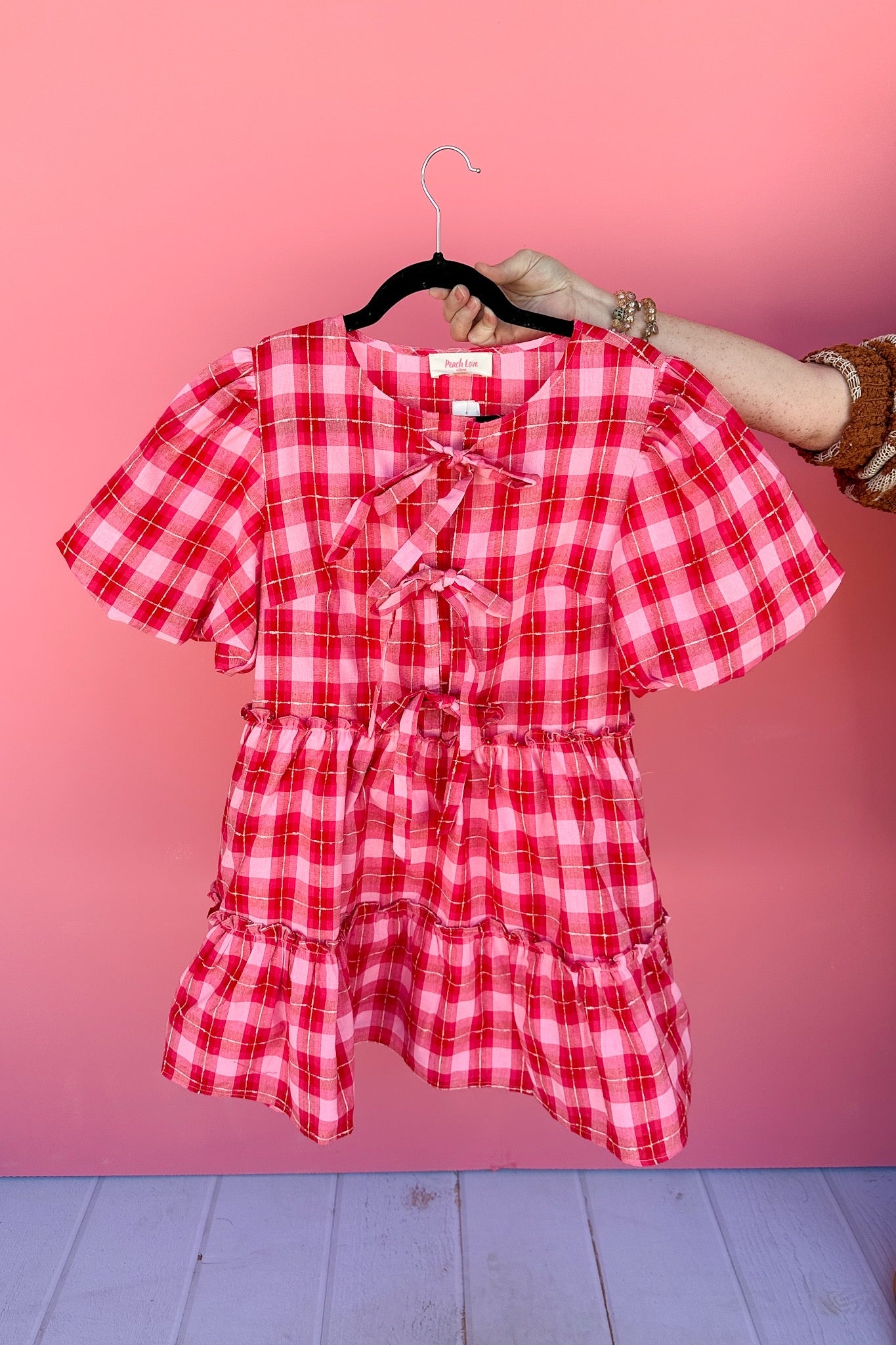 Pink/Red Plaid Front Bow Tie Ruffle Tiered Dress