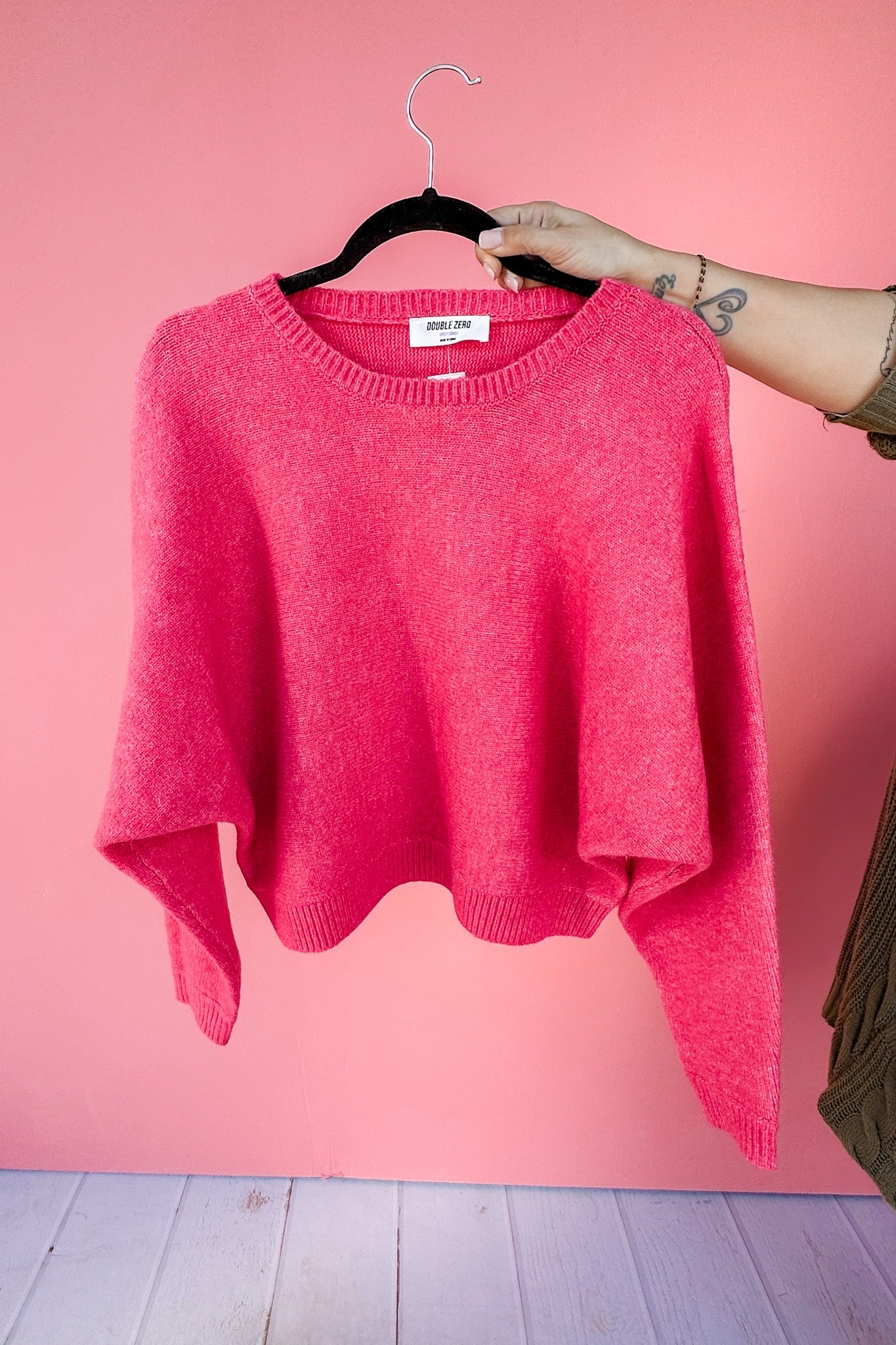 Cropped Ribbed Hem Dolman Sleeve Knit Sweater in Raspberry