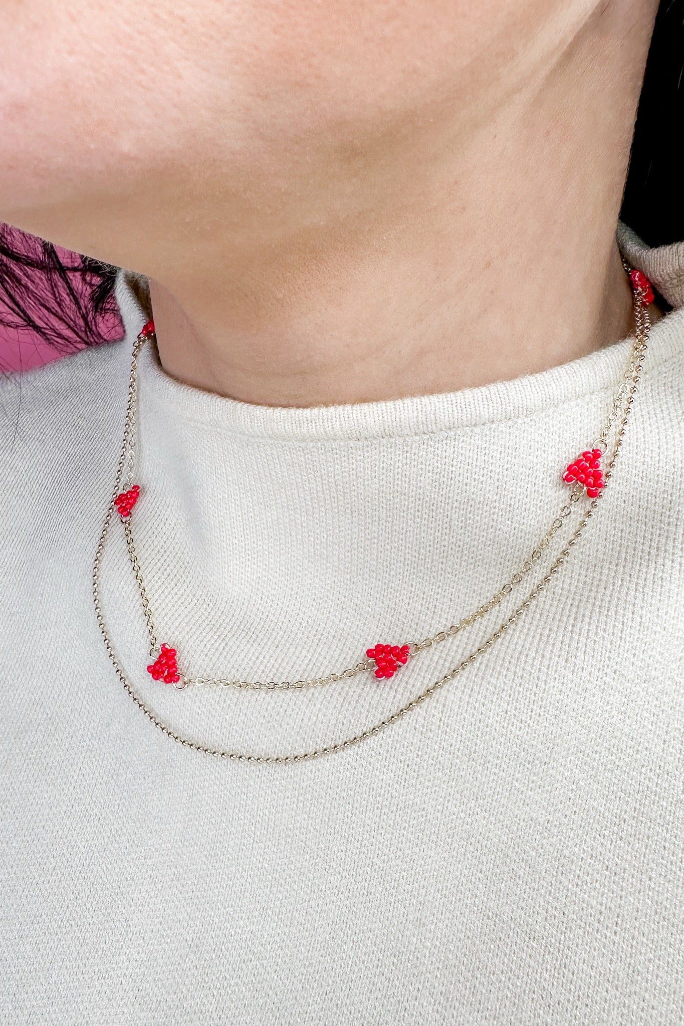 Beaded Red Heart Layered Gold Necklace