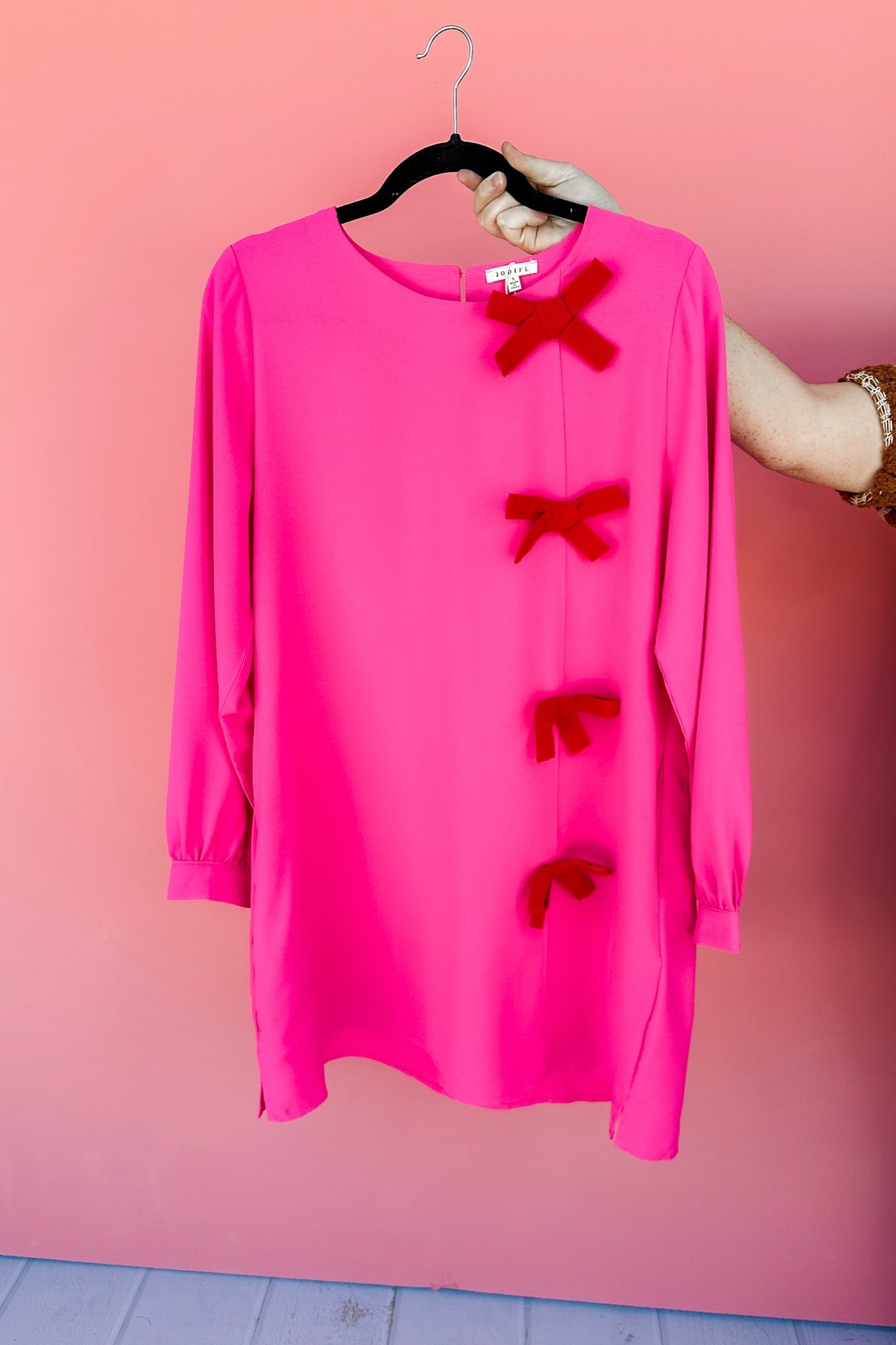 Faux Front Red Bow Tie Pink Pocketed Shift Dress