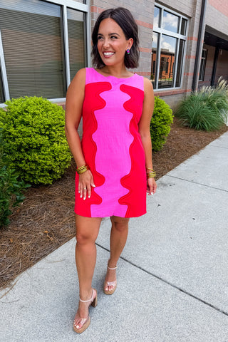 The Presley Color Pop Shift Dress in Pink & Red