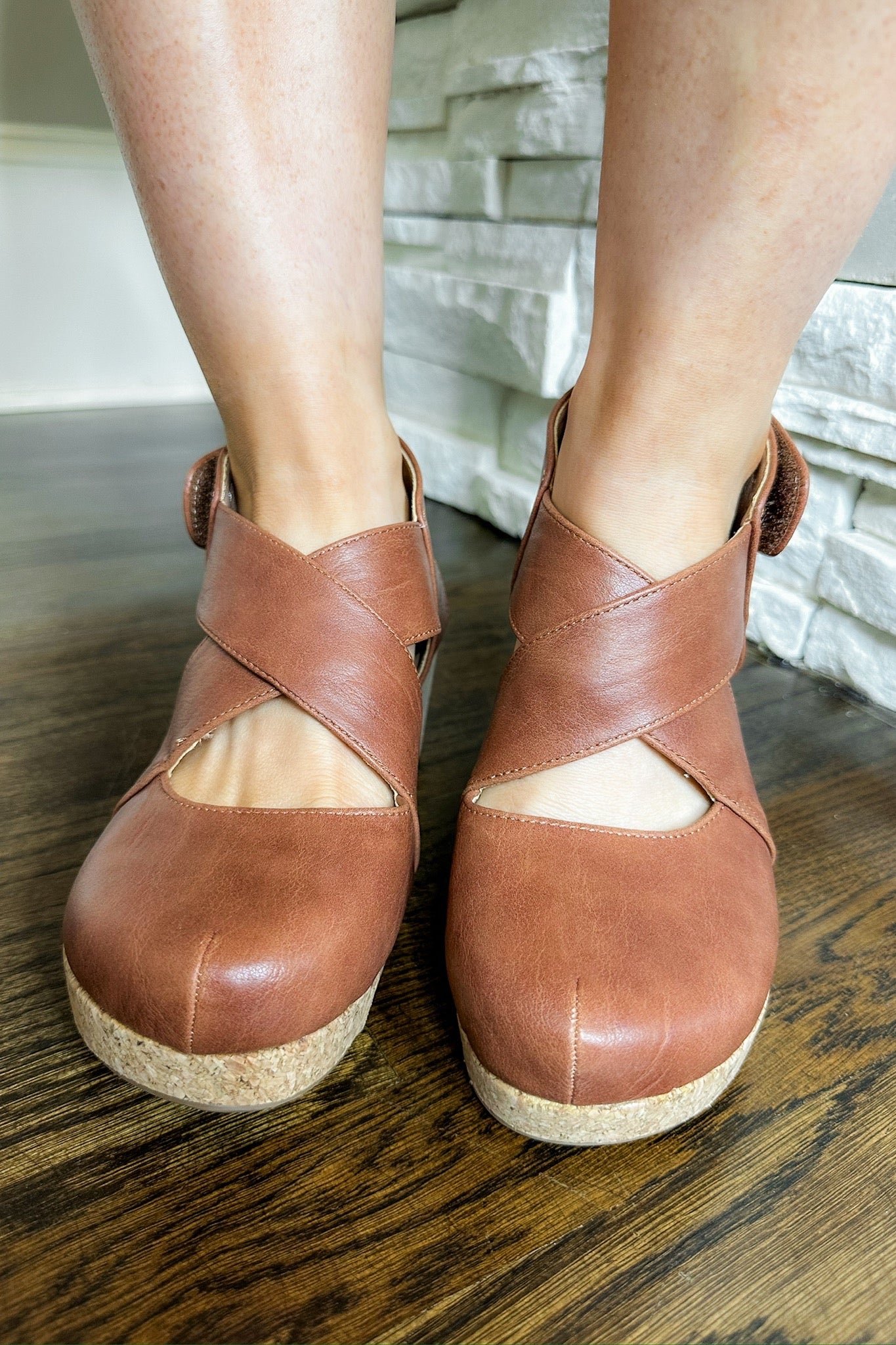 Case Closed Criss Cross Strap Cognac Faux Leather Corkys Wedge