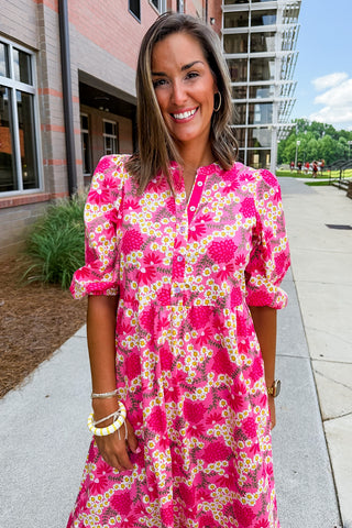 The Riley Midi Dress in Pink Floral by Mary Square