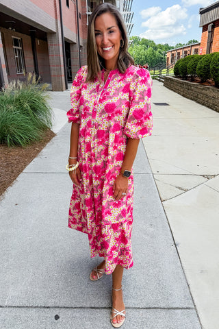 The Riley Midi Dress in Pink Floral by Mary Square