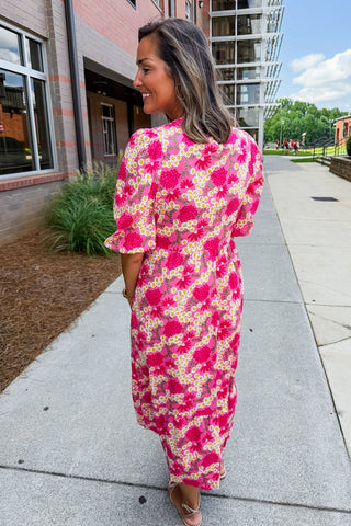 The Riley Midi Dress in Pink Floral by Mary Square