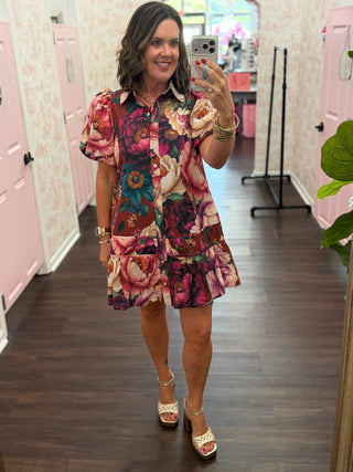 The Cabernet Bloom Button Front Dress