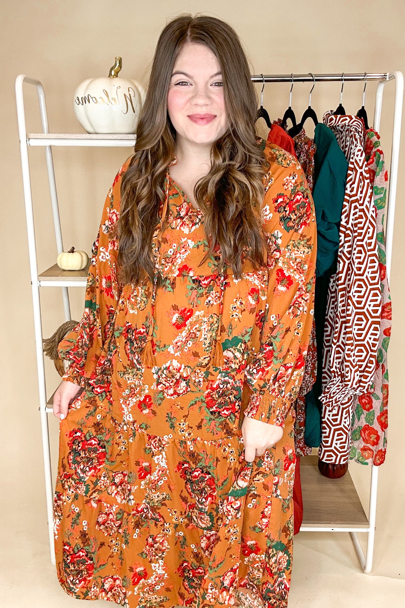 Autumn Floral Tiered Midi Dress with Smocked Sleeves