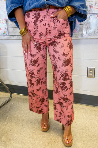 The Cassidy Patch Pocket Wide Leg Pants in Pink & Brown Floral