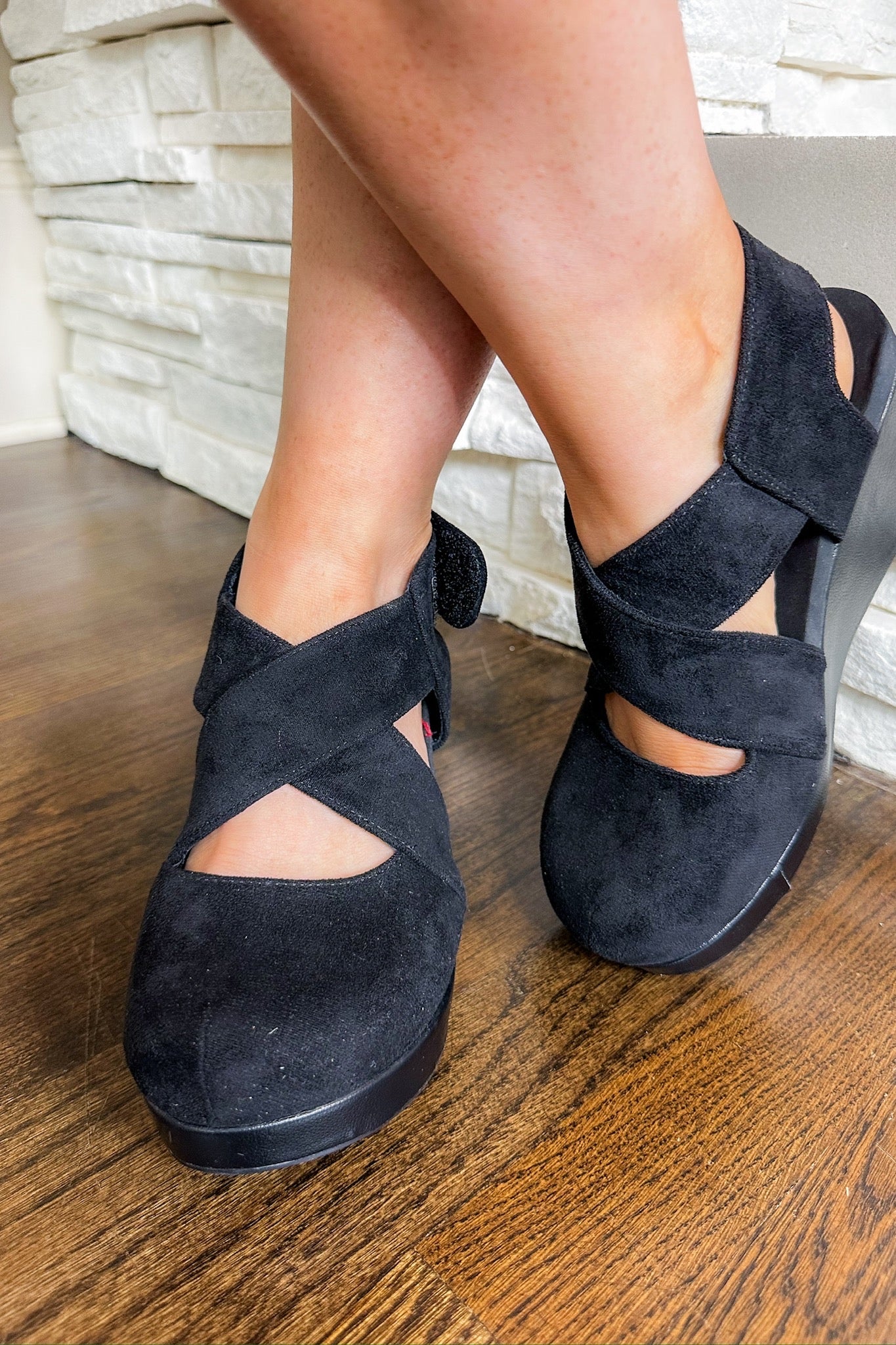 Case Closed Criss Cross Strap Black Suede Corkys Wedge