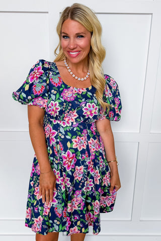 Bloom & Go Puff Sleeve Dress in Navy