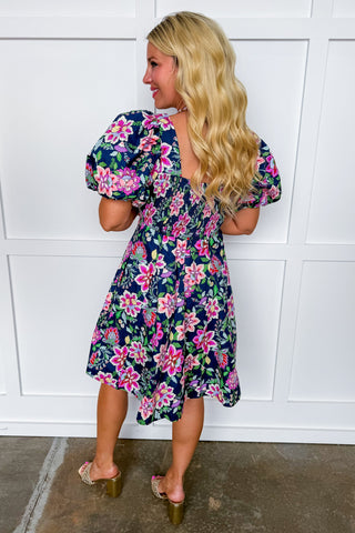 Bloom & Go Puff Sleeve Dress in Navy
