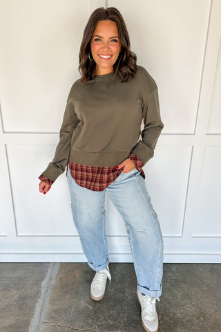 Cozy Moss Green Plaid Pullover Top