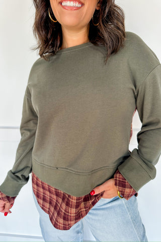 Cozy Moss Green Plaid Pullover Top