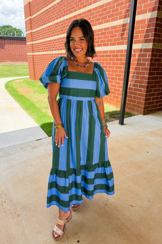 Stripe Me Pretty Midi Dress in Blue + Green