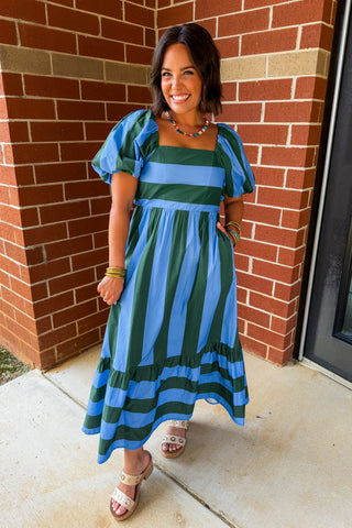 Stripe Me Pretty Midi Dress in Blue + Green