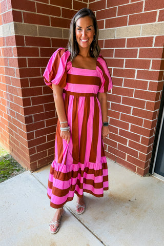 Stripe Me Pretty Midi Dress in Pink + Brown – Jules & James Boutique