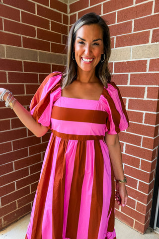 Stripe Me Pretty Midi Dress in Pink + Brown