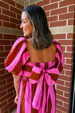 Stripe Me Pretty Midi Dress in Pink + Brown