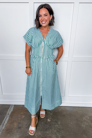 Seaside Striped Zip Midi Dress - Green Small Seaside Striped Zip Midi Dress - Green Small