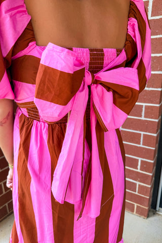 Stripe Me Pretty Midi Dress in Pink + Brown