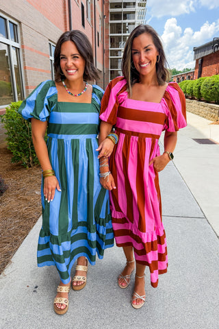 Stripe Me Pretty Midi Dress in Pink + Brown