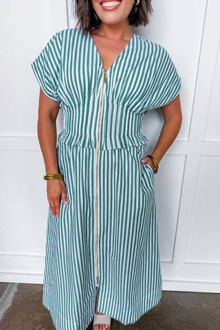 Best Selling Krissy Zip-up Midi Dress in Green Stripes
