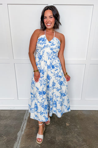 Summer in Bloom Halter Midi Dress in Blue Floral Medium Summer in Bloom Halter Midi Dress in Blue Floral Medium